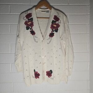 Vtg Capacity Floral Embroidered Cardigan Large Cream Ramie Cotton 90s Cottage